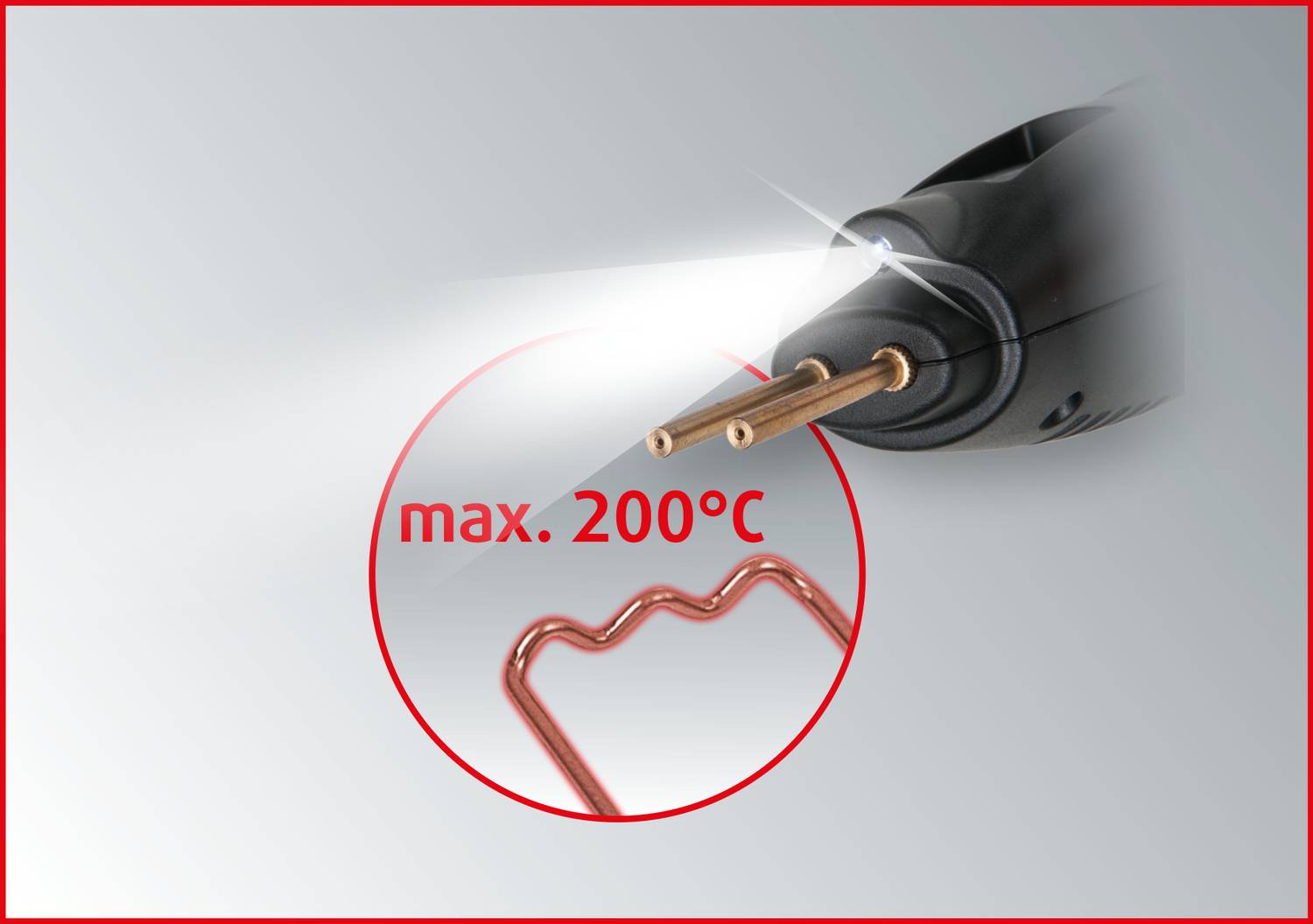 A soldering iron with a heated tip, surrounded by a red circle with the inscription 'max. 200°C', symbolises the temperature limit.