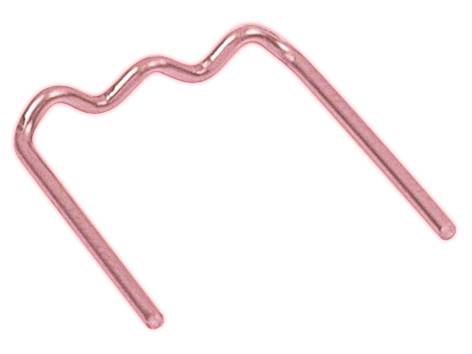A wavy pink paperclip is resting on a white surface.