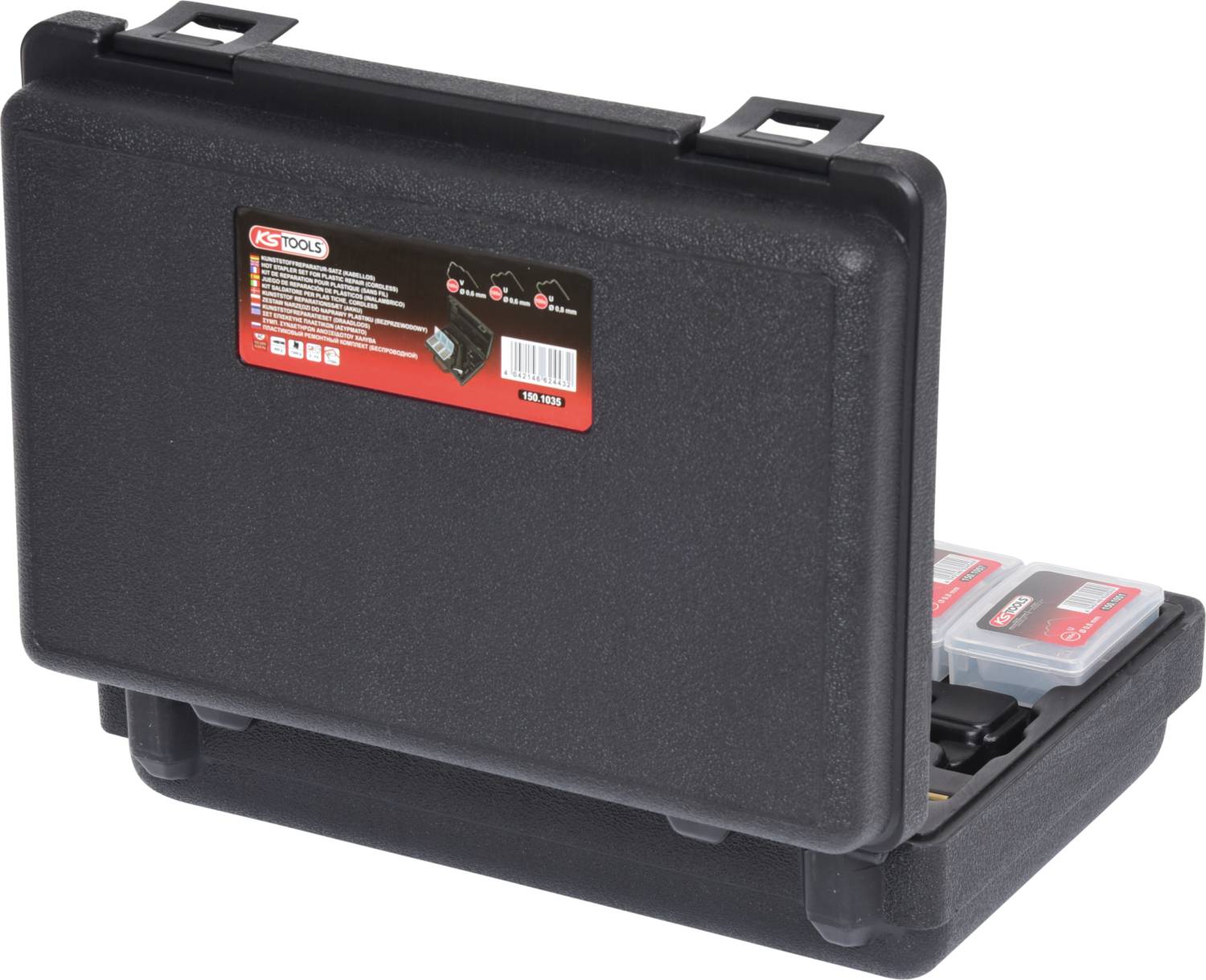 A black tool case, partially open, reveals transparent boxes with tools inside. A label is visible on the case.