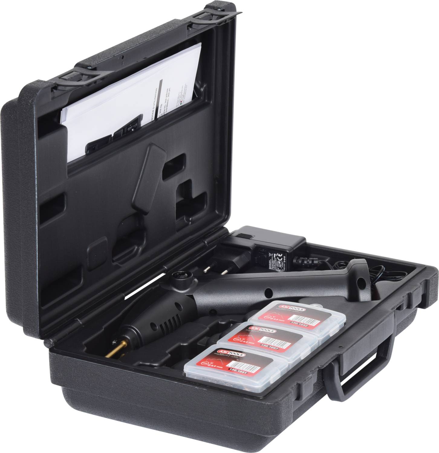 Black tool case with open lid. Contains a multi-tool, drill bits in containers, and a charger.