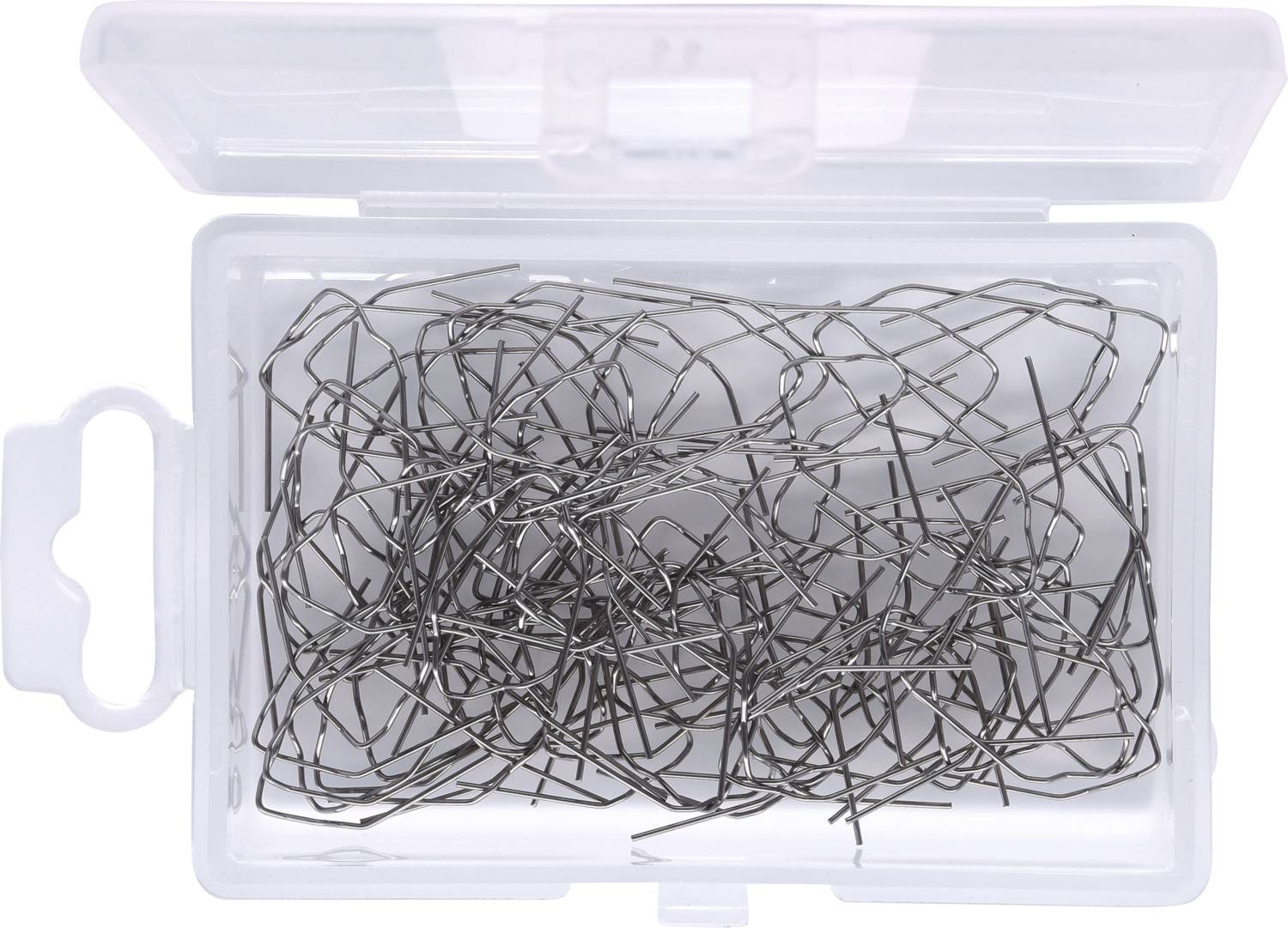 An open plastic box filled with bent, silver paperclips. The box is transparent and rectangular.