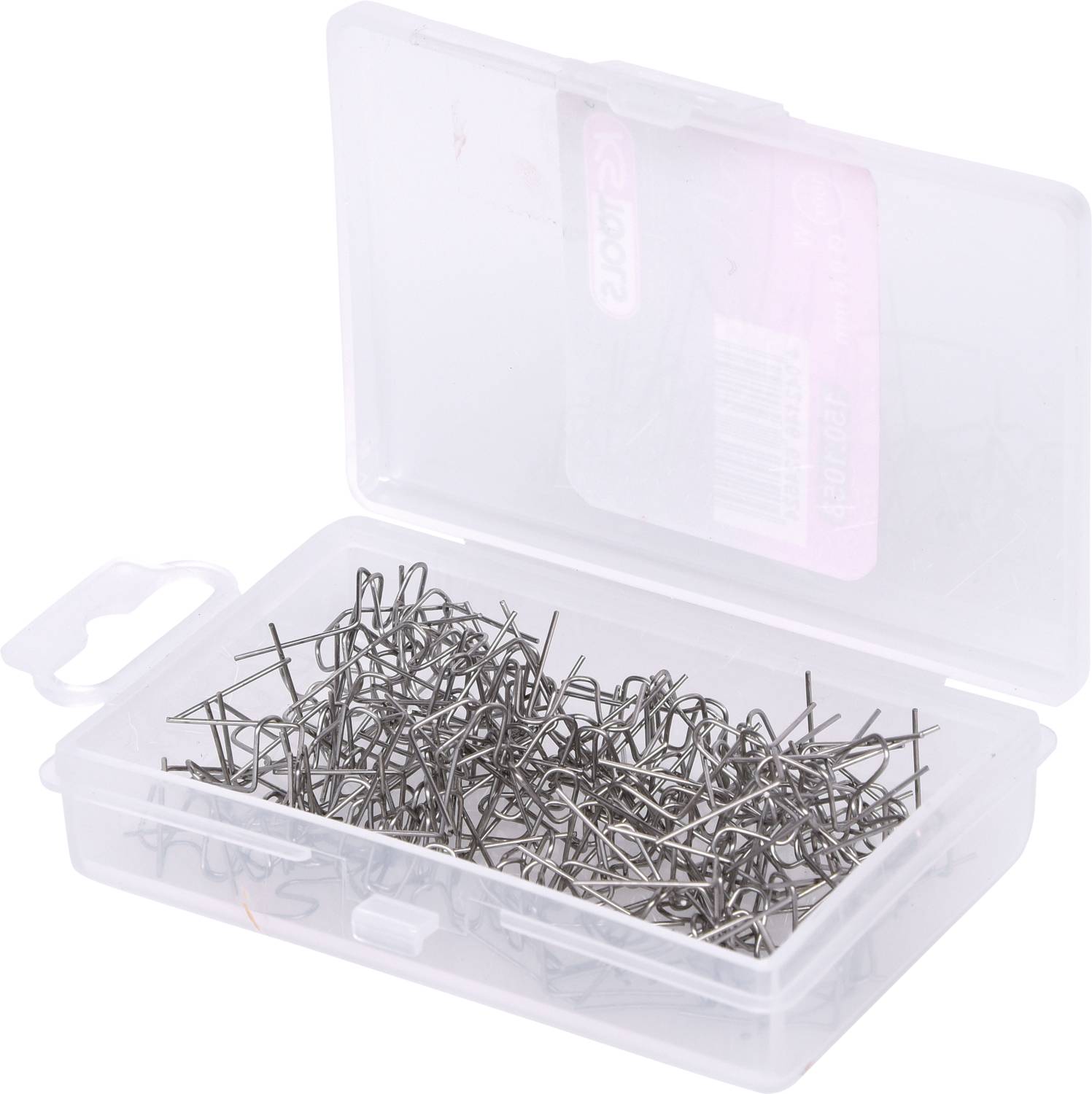 An open plastic box containing numerous silver drawing pins.