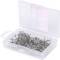 An open plastic box containing numerous silver drawing pins.