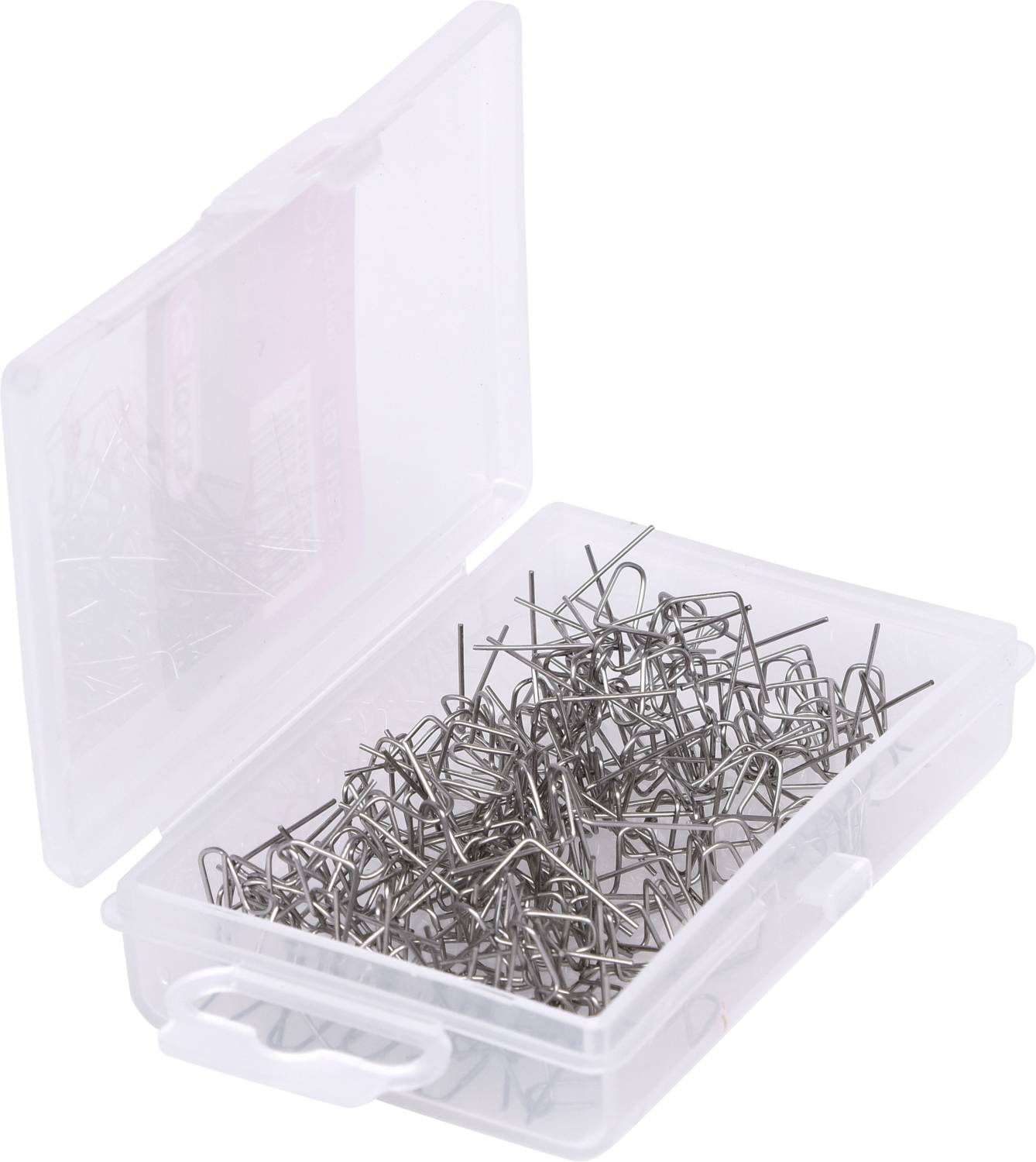 A transparent plastic box full of metal paperclips, partially open, displays neatly arranged clips for office or home organisation.