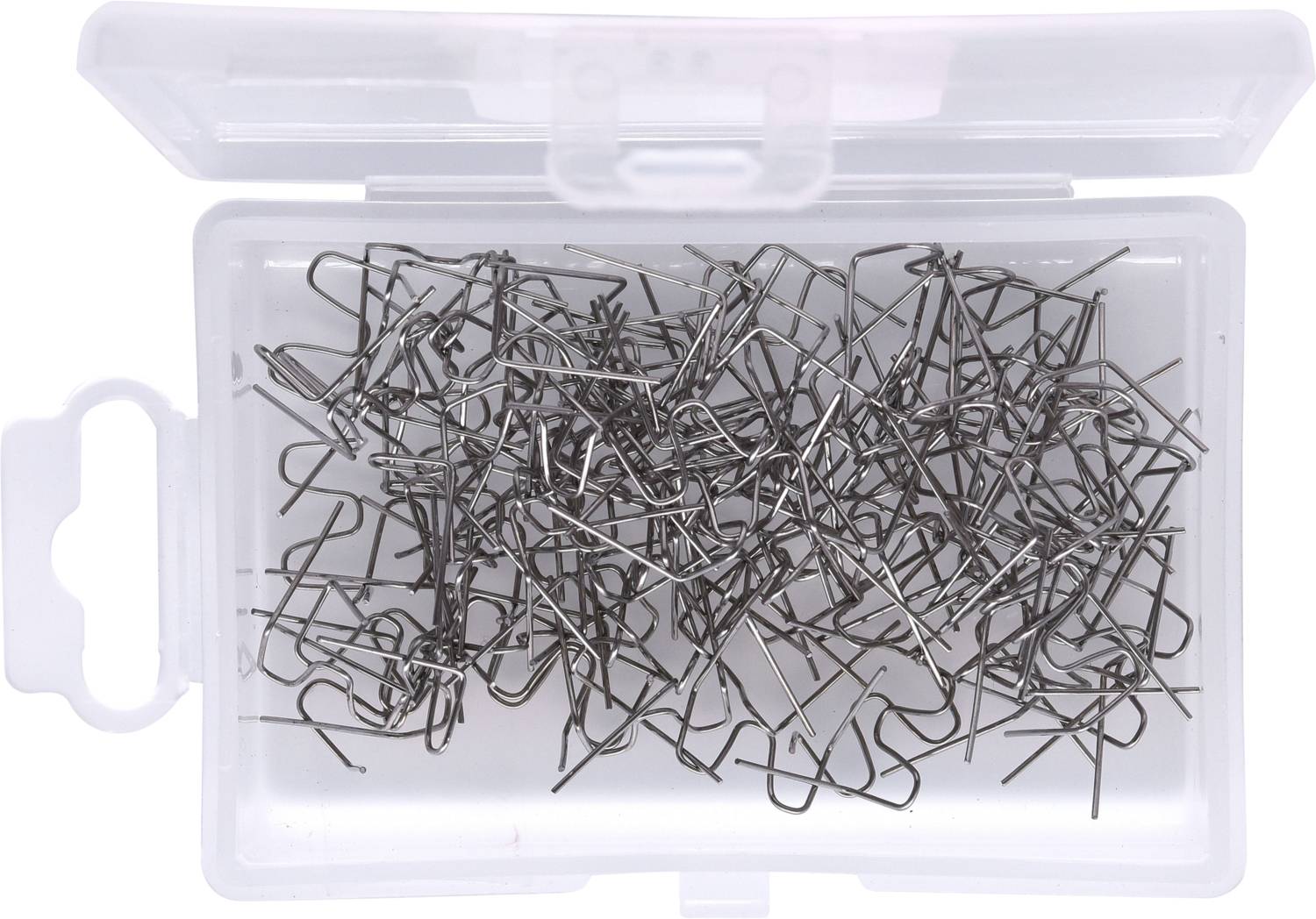 An open plastic box filled with numerous silver paperclips.