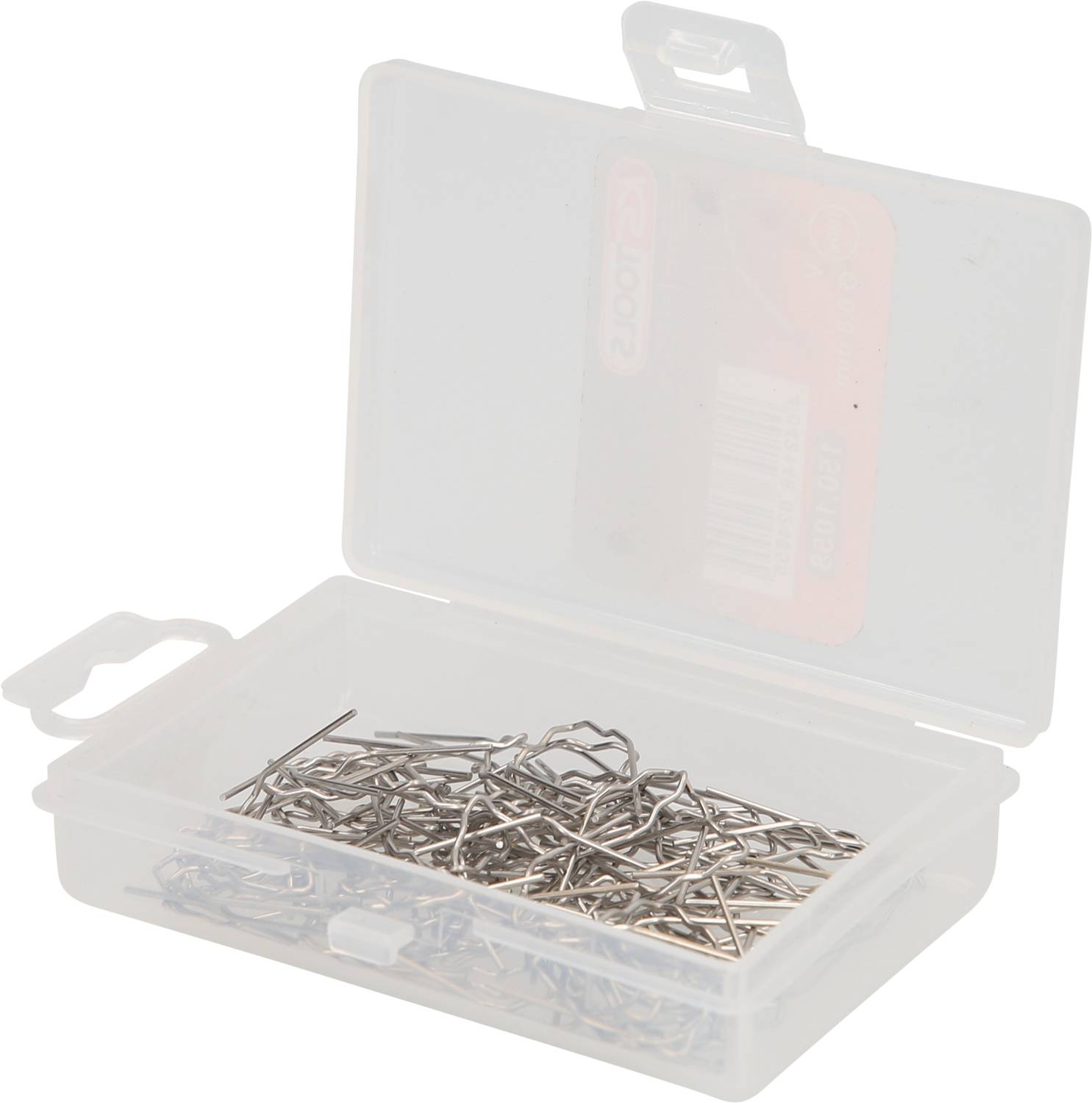 An open plastic box full of paper clips. The box is transparent and shows a collection of silver paper clips inside.