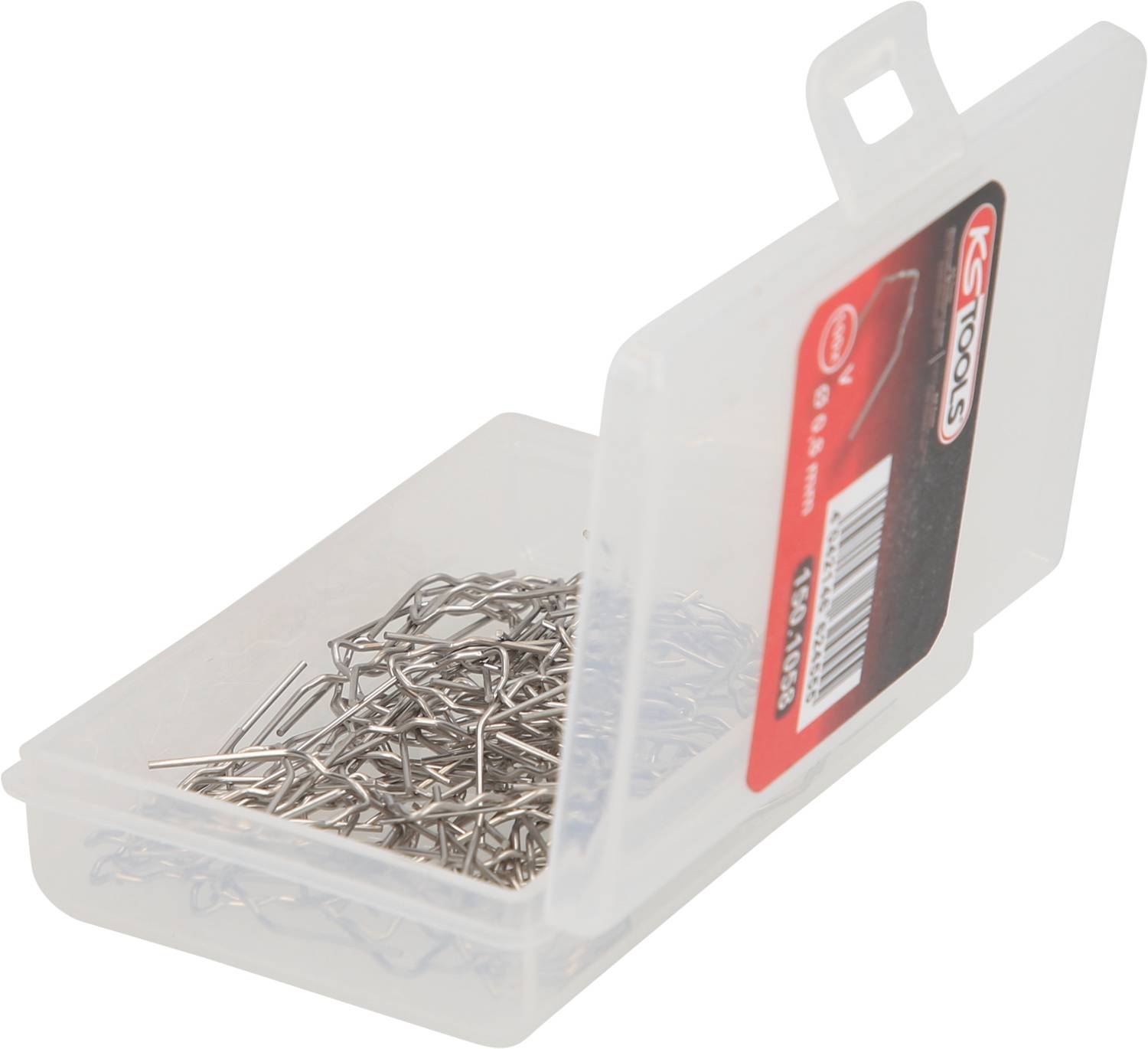 Small plastic box with an open lid, filled with metal paperclips. Label on the side with product information.