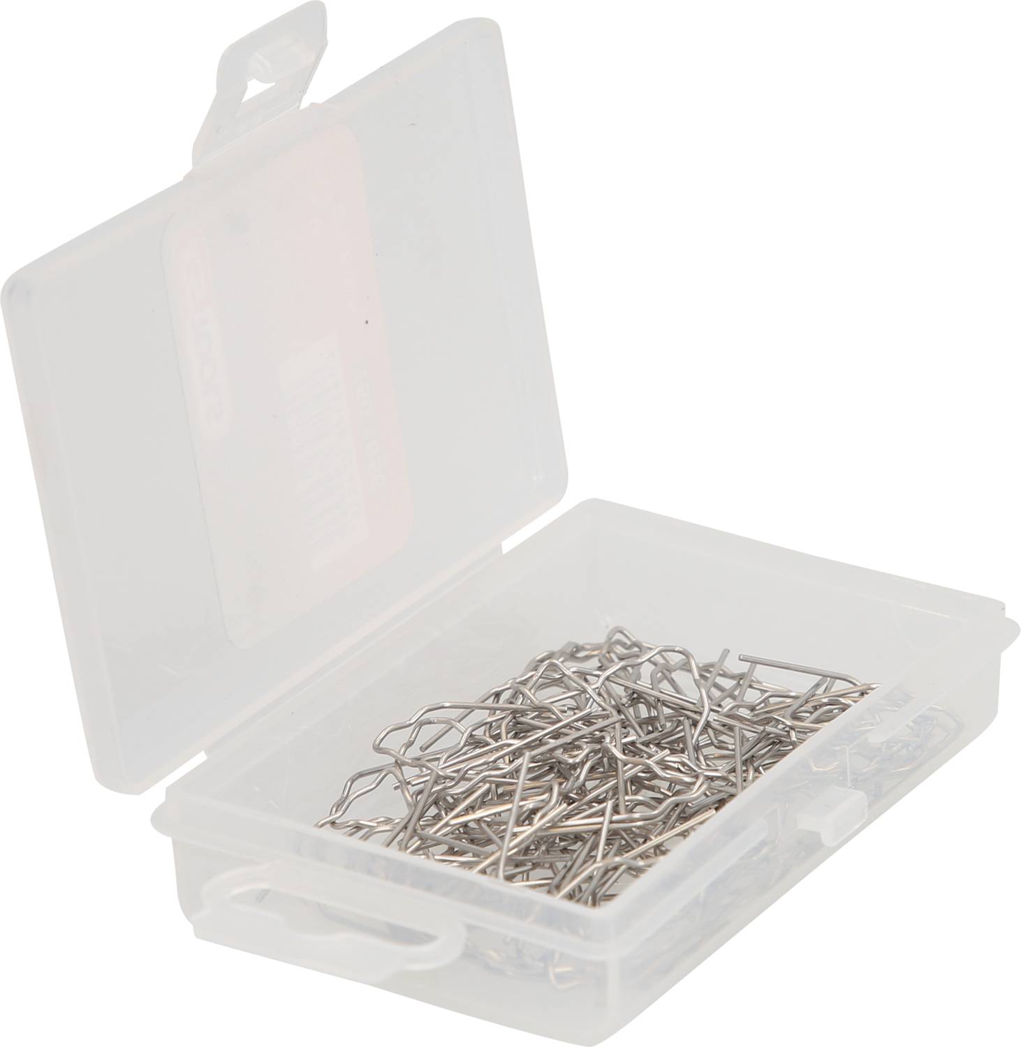 Transparent plastic box with numerous metal paperclips lying in a haphazard manner, open.
