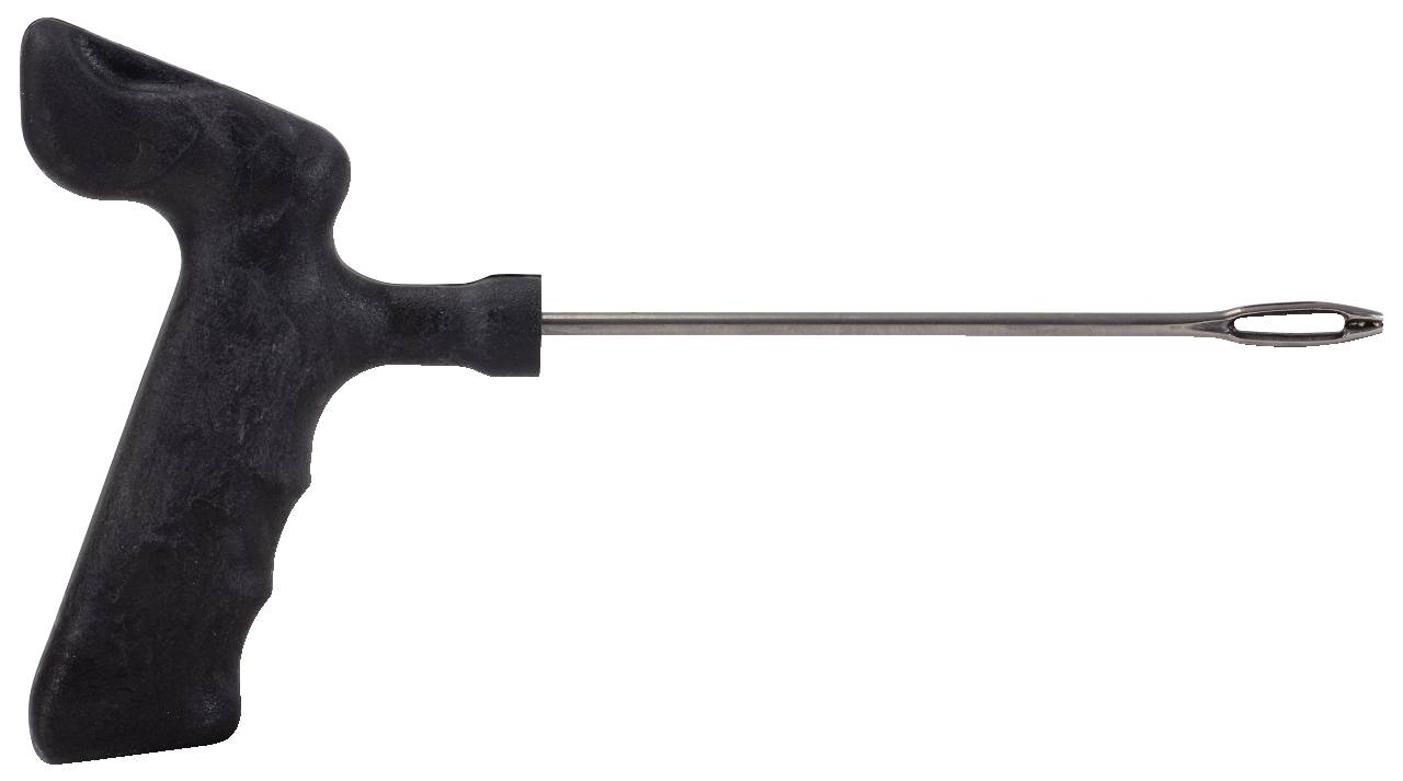 A black T-shaped tool with a long metal pin and a loop at the end, often used for repairing tyres.