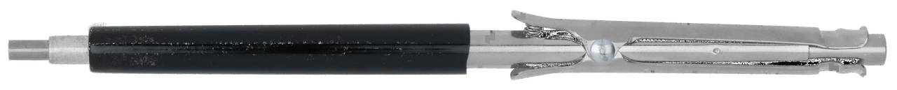 A ballpoint pen refill mechanism with a black handle and silver clip lies horizontally against a white background.