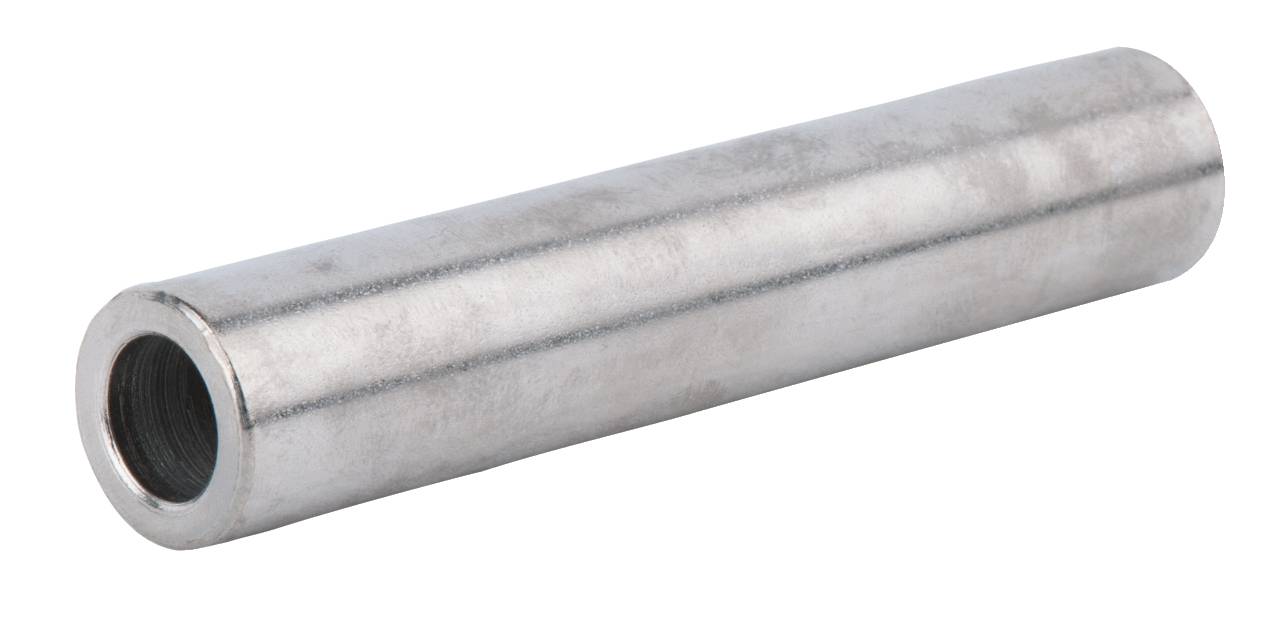 A cylindrical metal tube lies horizontally. It is smooth and silver, with one open side revealing its dark interior surface.