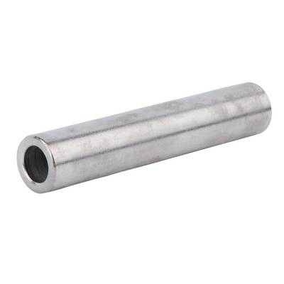 A cylindrical metal tube lies horizontally. It is smooth and silver, with one open side revealing its dark interior surface.