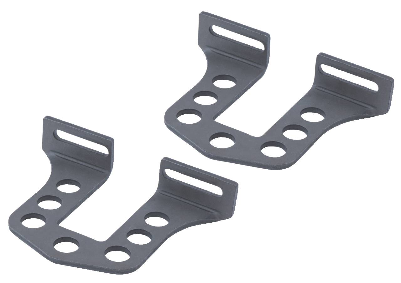 Two grey metal fixings with multiple holes for mounting, lying side by side.