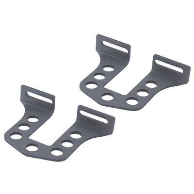 Two grey metal fixings with multiple holes for mounting, lying side by side.