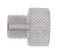 Metal adaptor with knurled surface, cylindrical shape, one end with external thread. Used for mechanical connections.