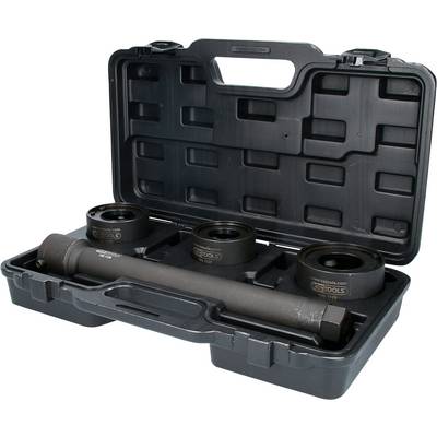 Black tool case with four round attachments and a long cylindrical tool, arranged in shaped compartments.