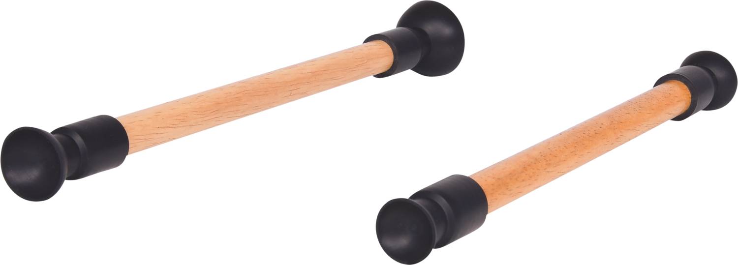 Two parallel wooden rods with black rubber feet, likely usable as door stops, providing stable support without drilling.