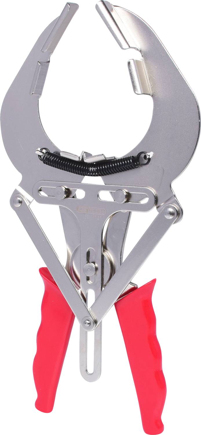 A metal pair of pliers with red handles and an open spring in the middle. Ideal for gripping or grasping objects.