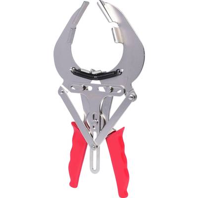 A metal pair of pliers with red handles and an open spring in the middle. Ideal for gripping or grasping objects.