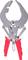 Pliers with red handles, opened, made of metal. Used for gripping or fixing objects.