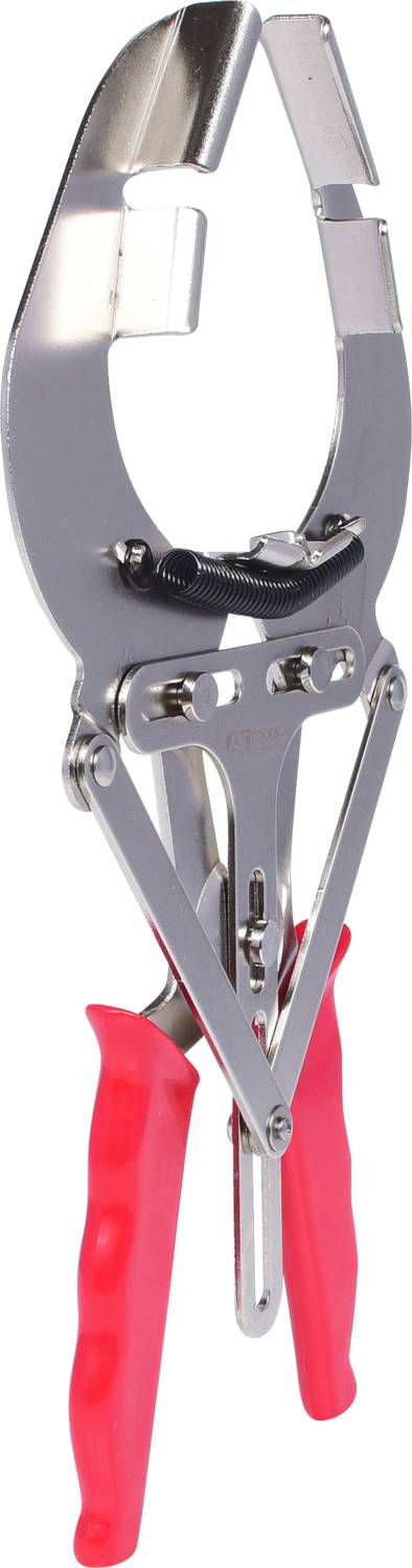 Metal pliers with red handles, open, against a white background. They have a robust mechanism with a special tensioning device.