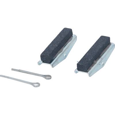 Two black brake pads with silver mountings and two metal pins for attachment.