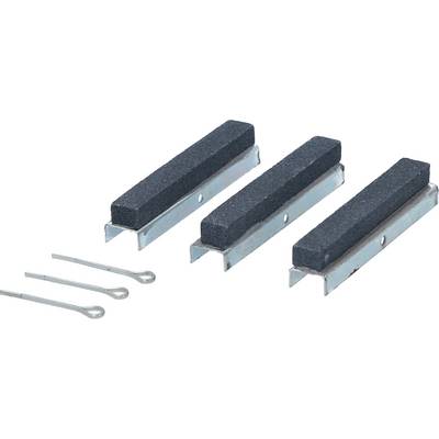 Three metal sharpening stones with a rough surface, accompanied by three metal pins. They appear to be designed for sharpening tools.