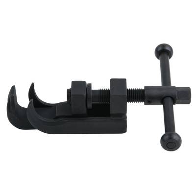 Black metal ball joint puller with two hooks and a screw, suitable for removing automotive parts.