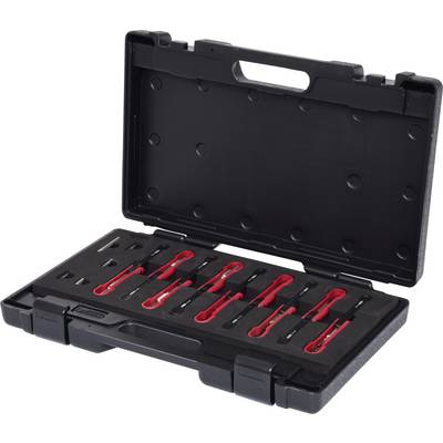 An open black toolbox with several black and red spanners displayed on black foam.