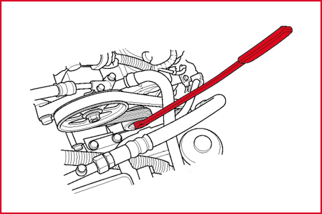 A red marking shows a V-belt in a motor system, which runs across multiple pulleys.