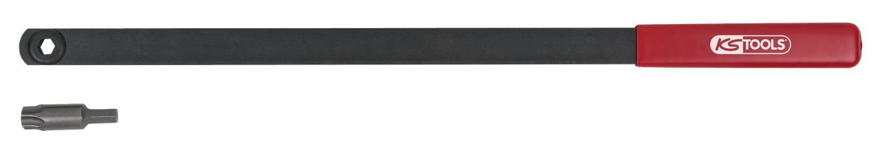 A long lever arm with a red handle and KS Tools logo. Beside it lies a small insert, presumably a bit or adapter.