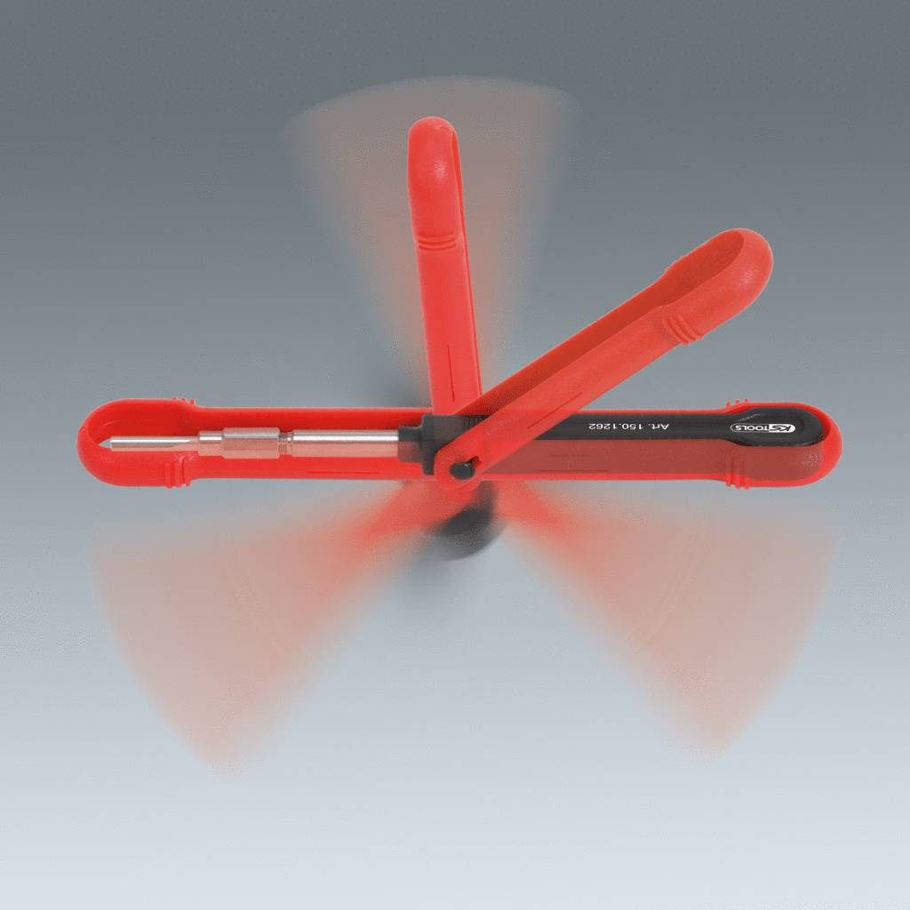 Red rotary drive electronic compass effect through rapid rotating movement on grey background.