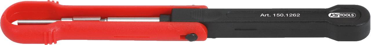 Red and black handle of a tool that looks like a multi-screwdriver, with an extendable shaft.