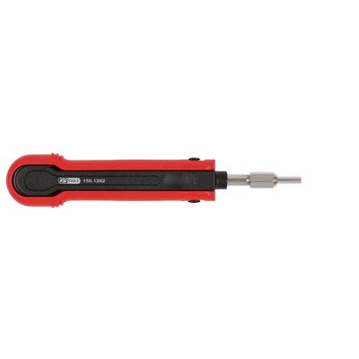 A red torque wrench with a black handle and silver head. The handle is located on the left, with the adjustable tip on the right.