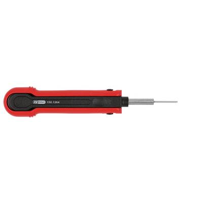 A red, handy screwdriver with a black handle, positioned on the left side. Brand name and model number visible on the handle.