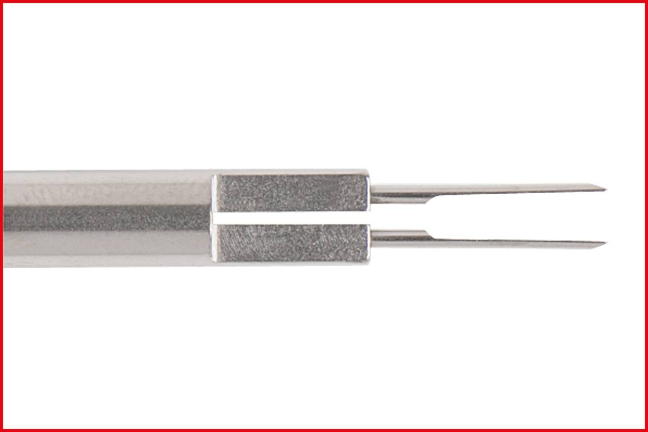 Metal tweezers with fine, pointed tips, suitable for precisely gripping small objects.