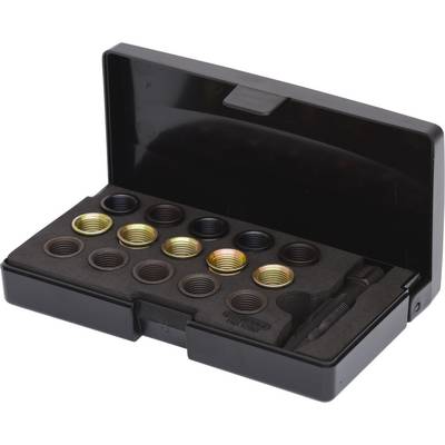Plastic case with various thread inserts and tools, set in foam, for repairing damaged threads.
