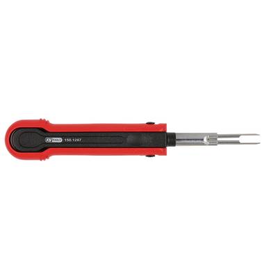 A red screwdriver with two metal tips at its end, lying down and viewed from the side.