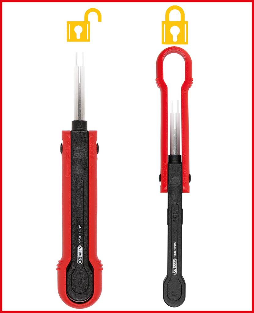 'Bolt cutter with red handle for removing security seals.' Left image shows open pliers, right image shows pliers closed.