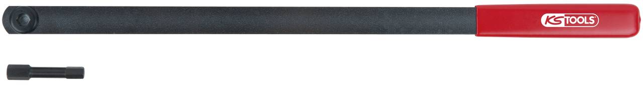 A torque wrench with a long, black lever arm and red handle, alongside a small adapter.