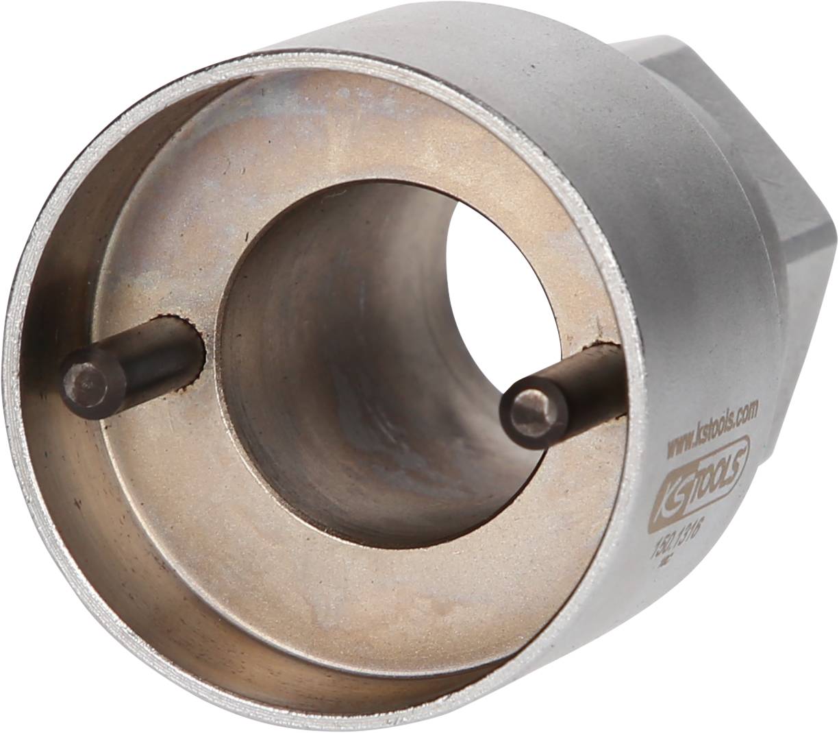 Metal tool with two internal pins and a wide rim. Used for specific mechanical applications or repairs.