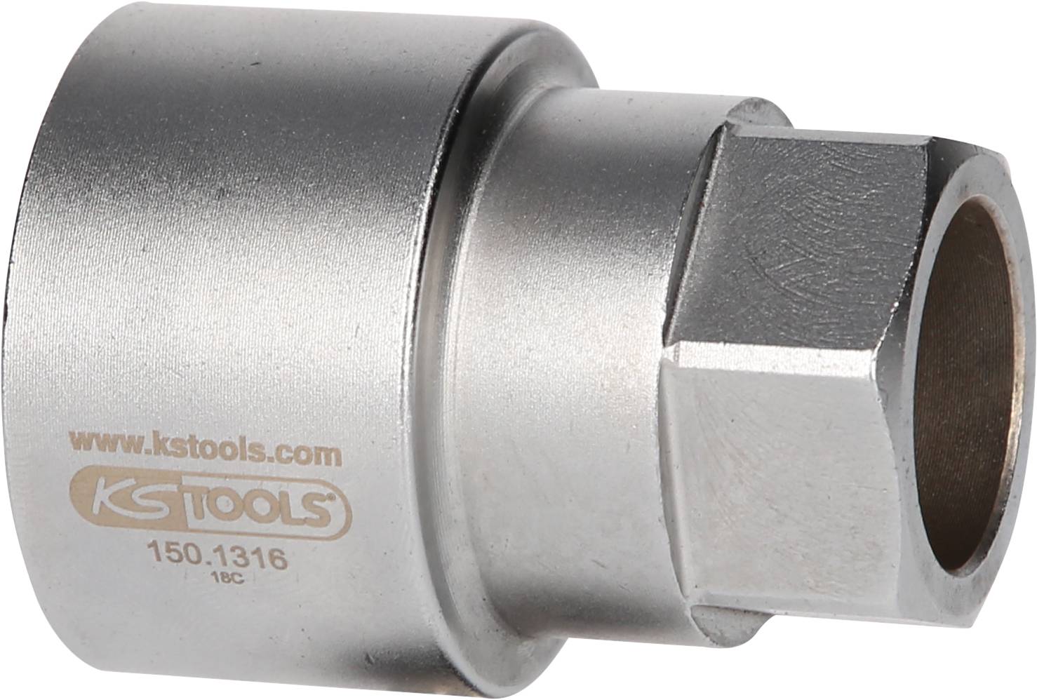 Metal socket insert with hexagonal opening and engraved 'KS Tools' logo.