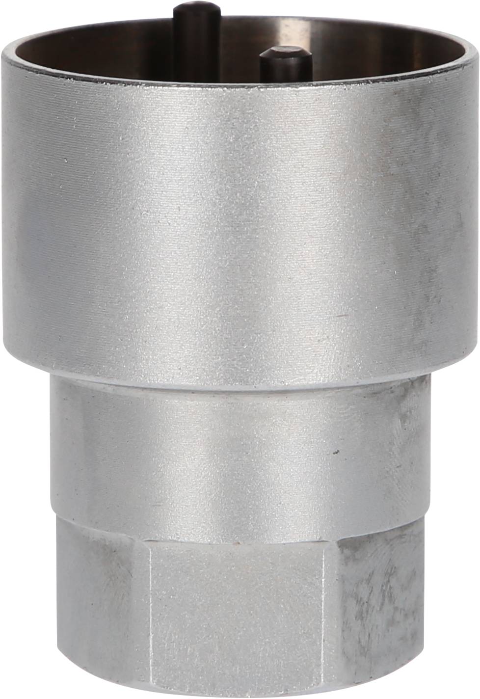 A silver metal adapter with a cylindrical shape and a hexagonal lower section. It has two internal pins at one end.