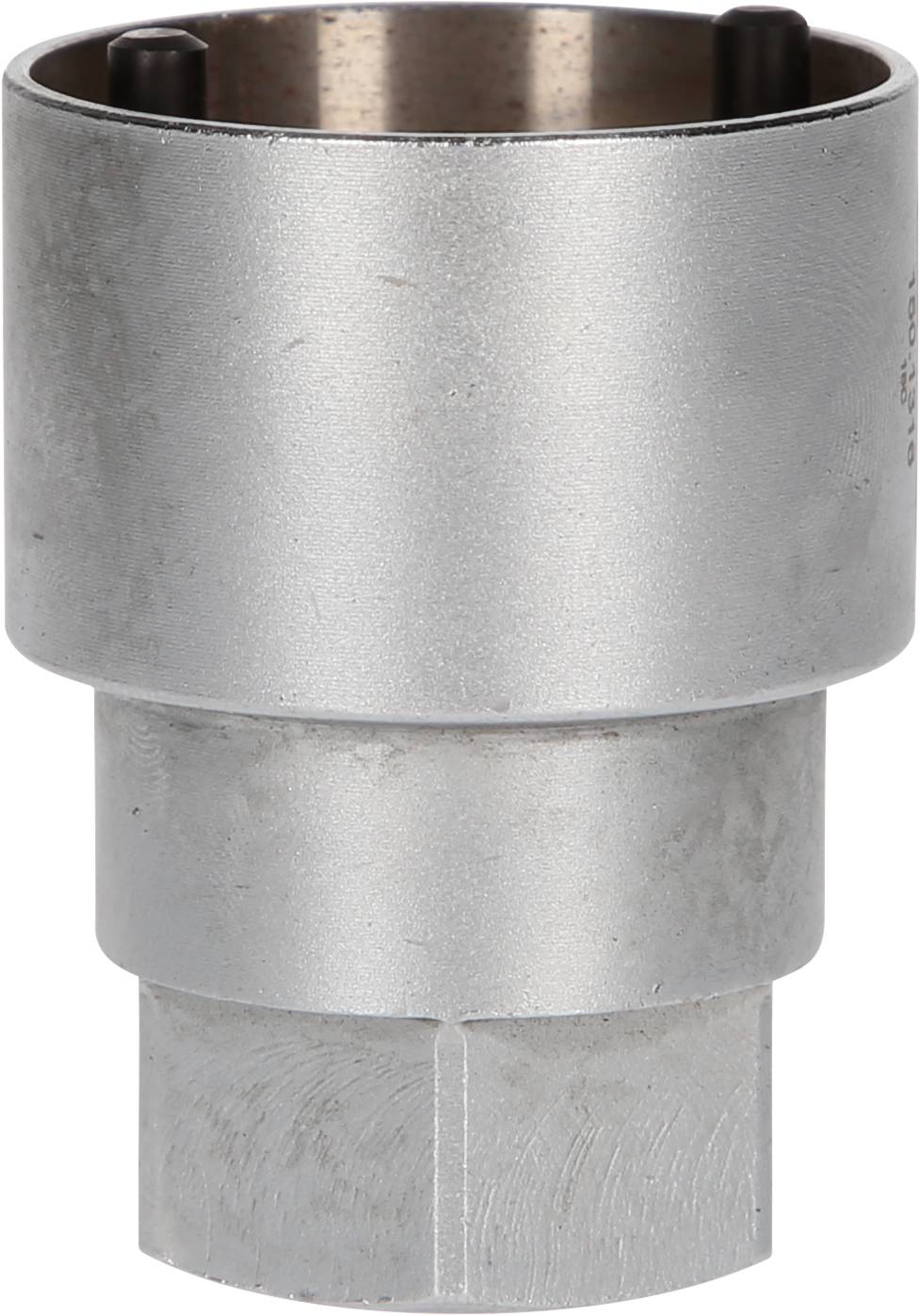 Metallic cylindrical socket wrench, primarily used in workshops for securing bolts.