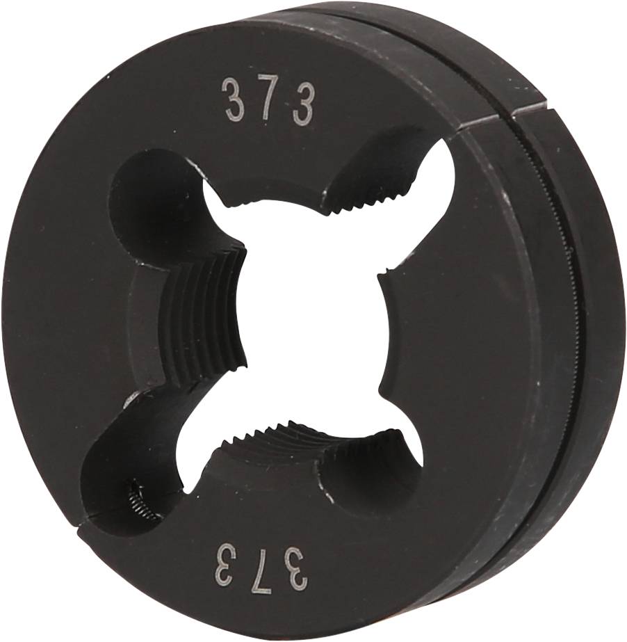 Round metal tool with four symmetrical recesses and '37.3' engraving on top. Used for machining screw threads.