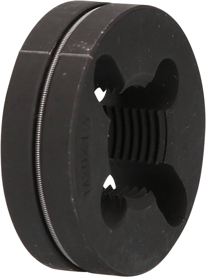 A black tap with an internal thread is used for cutting or rethreading external threads on screws or bolts.
