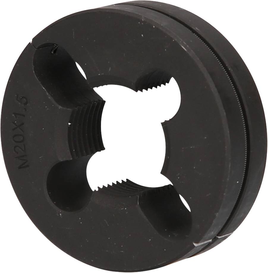 A circular thread-cutting plate with four recesses and a central threaded hole, marked with 'M20x1.5'.