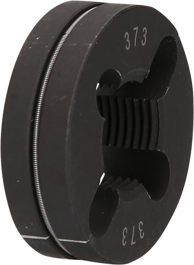 A black, round machine part with thread and inscription '373'.