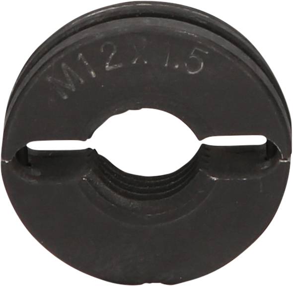 Round, black metal part with the inscription 'M12 x 1.5', likely a nut for screws with precise diameter and thread pitch.