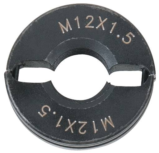 'Threading die with the inscription M12X1.5', used for cutting threads on bolts or rods, where M12 represents the metric size and 1.5 is the pitch.